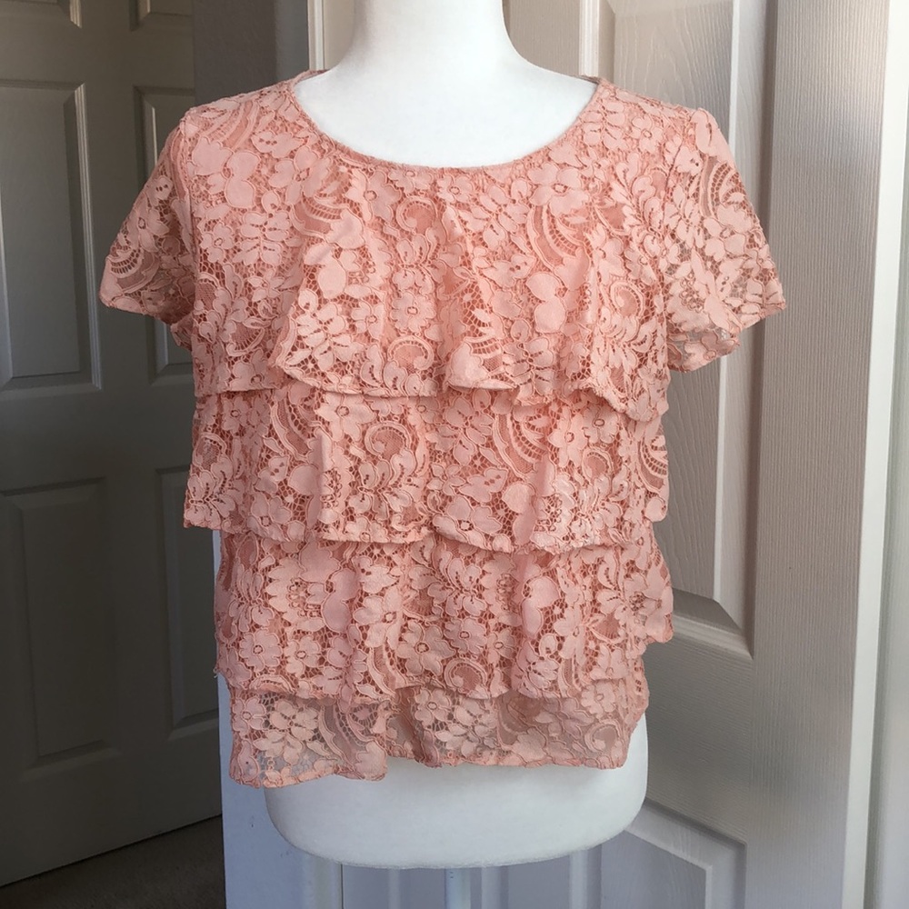 Zara Women’s Pink Tiered Ruffle Lace Blouse - Size Medium
